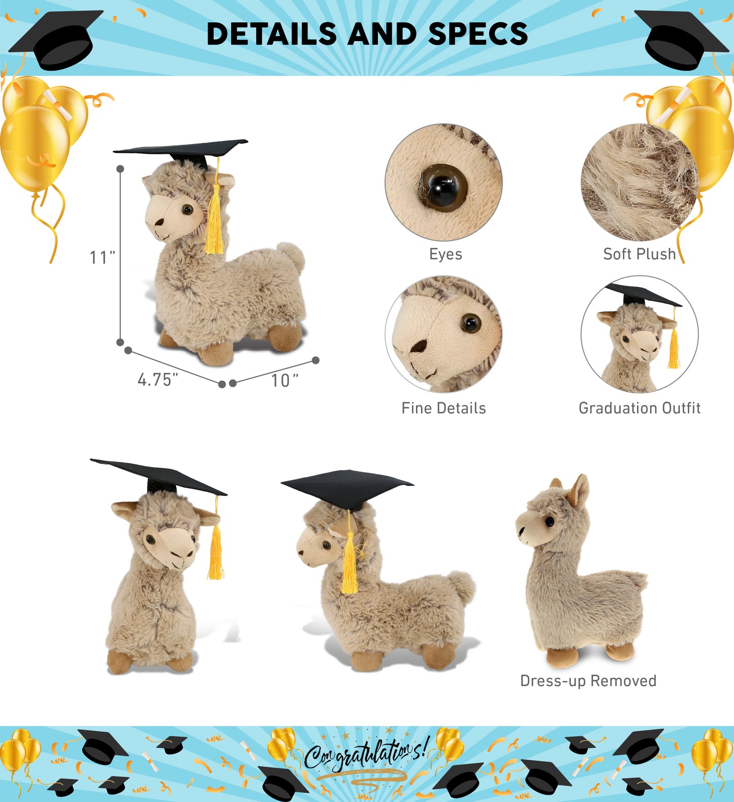 DolliBu Beige Llama Graduation Plush with Graduation Cap with Tassel, 11 Inches