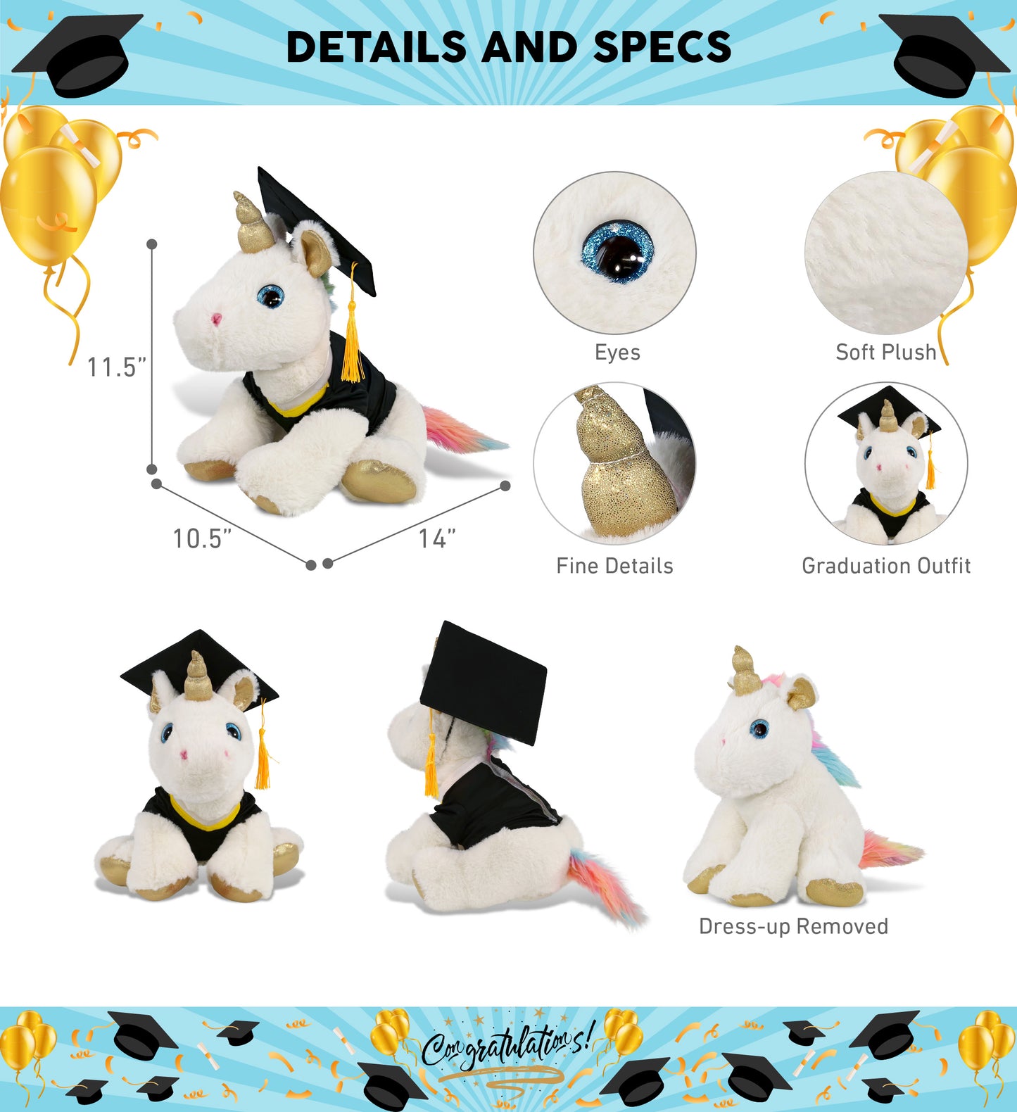 DolliBu White and Gold Unicorn Graduation Plush Toy with Gown and Cap - 14 Inch
