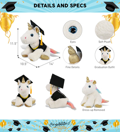 DolliBu White and Gold Unicorn Graduation Plush Toy with Gown and Cap - 14 Inch