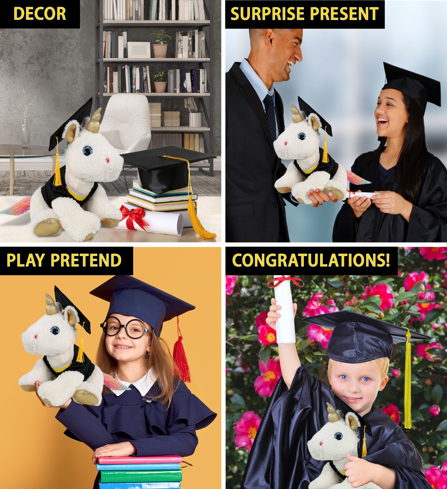 DolliBu White and Gold Unicorn Graduation Plush Toy with Gown and Cap - 14 Inch