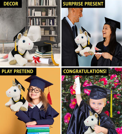DolliBu White and Gold Unicorn Graduation Plush Toy with Gown and Cap - 14 Inch
