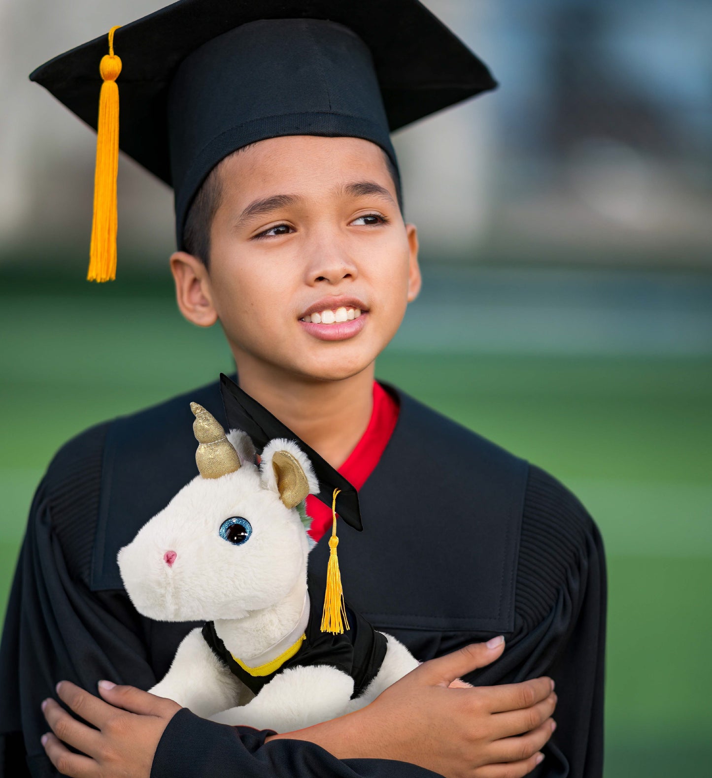 DolliBu White and Gold Unicorn Graduation Plush Toy with Gown and Cap - 14 Inch