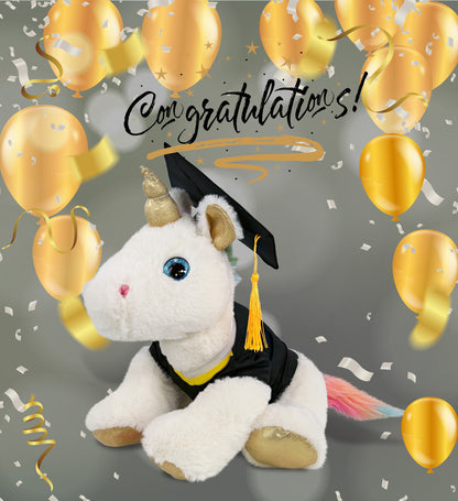DolliBu White and Gold Unicorn Graduation Plush Toy with Gown and Cap - 14 Inch