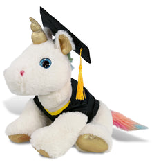DolliBu White and Gold Unicorn Graduation Plush Toy with Gown and Cap - 14 Inch