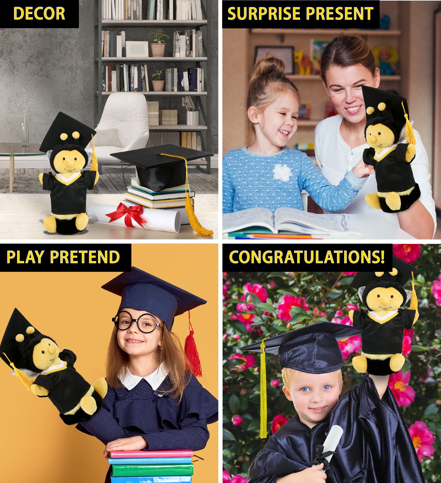 DolliBu Honeybee Graduation Plush Toy Hand Puppet with Gown and Cap - 10 Inches