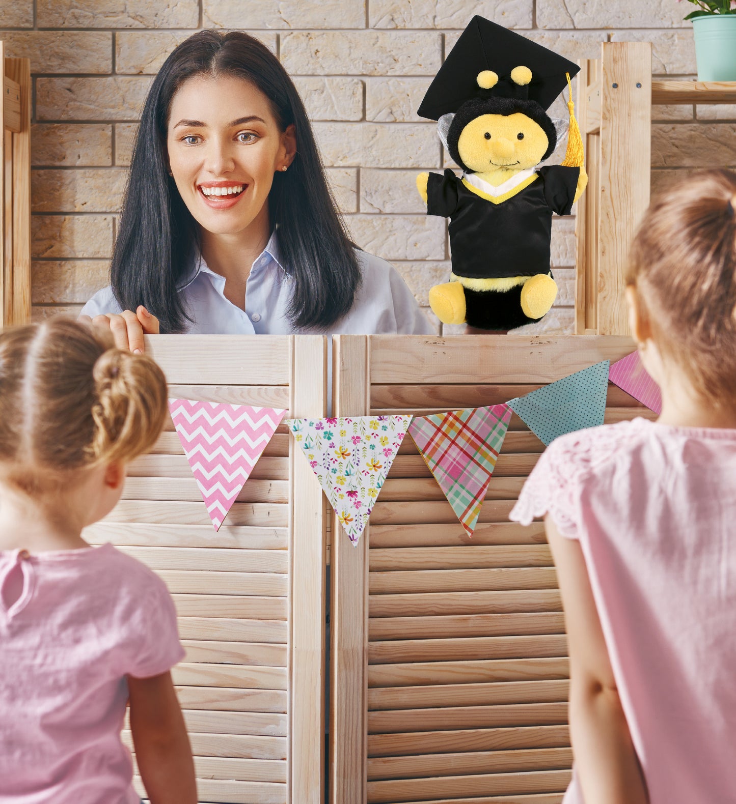 DolliBu Honeybee Graduation Plush Toy Hand Puppet with Gown and Cap - 10 Inches
