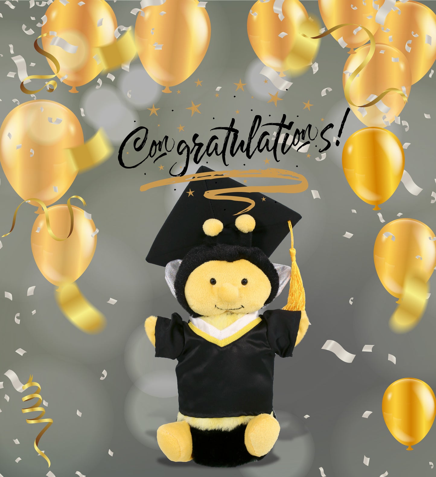 DolliBu Honeybee Graduation Plush Toy Hand Puppet with Gown and Cap - 10 Inches