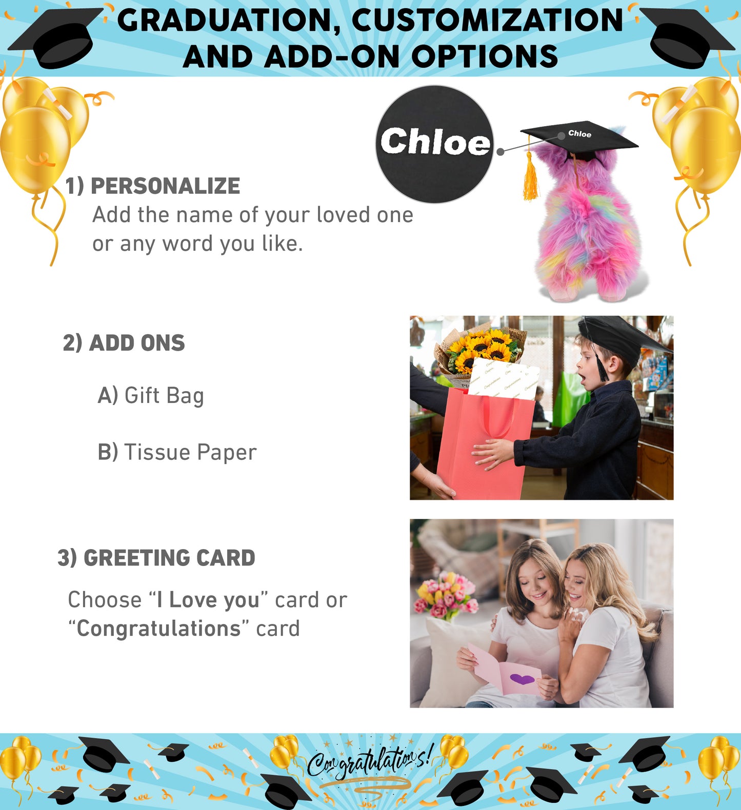 DolliBu Rainbow Llama Graduation Plush Toy with Cap with Tassel Outfit, 10 Inch