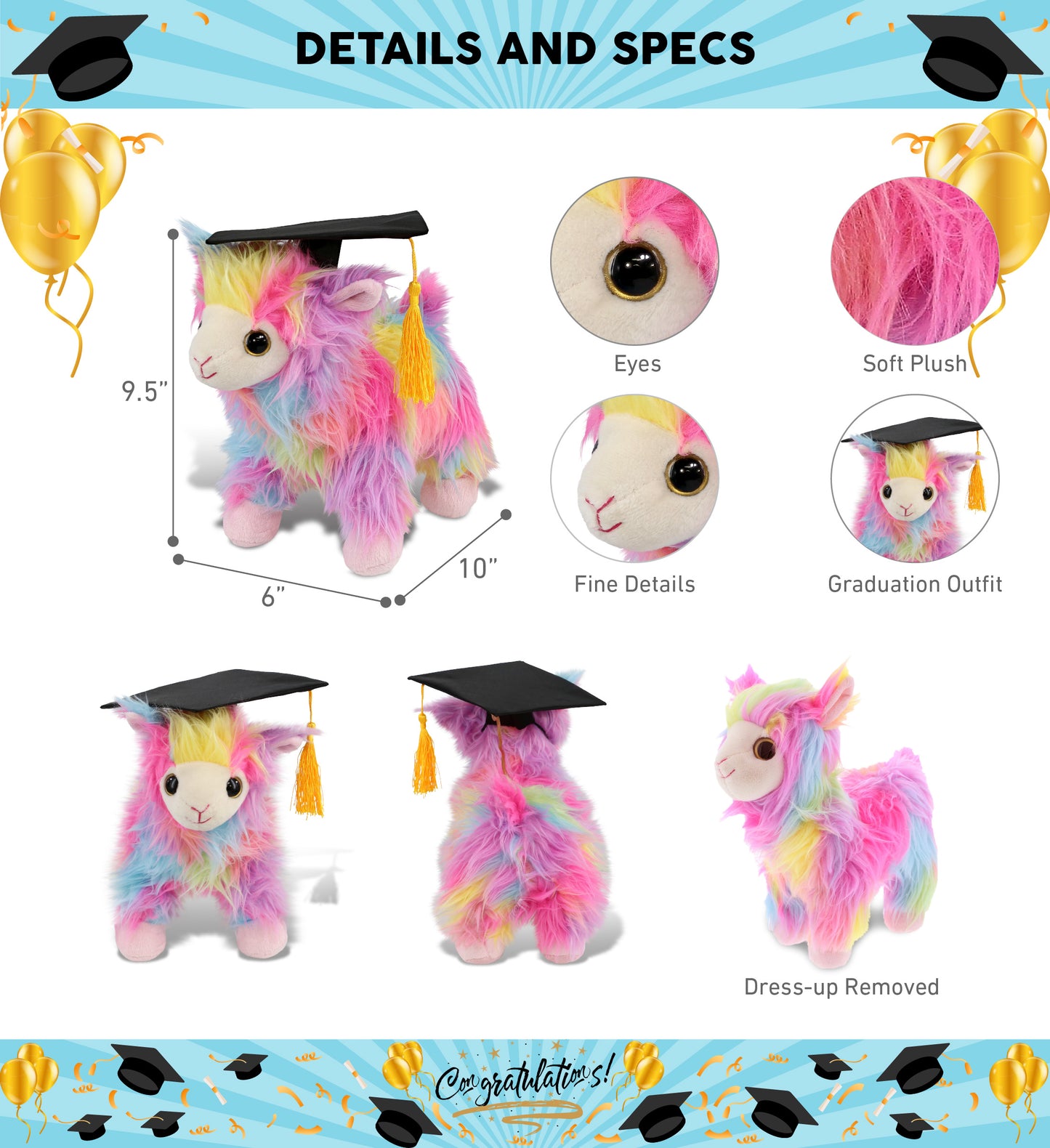 DolliBu Rainbow Llama Graduation Plush Toy with Cap with Tassel Outfit, 10 Inch