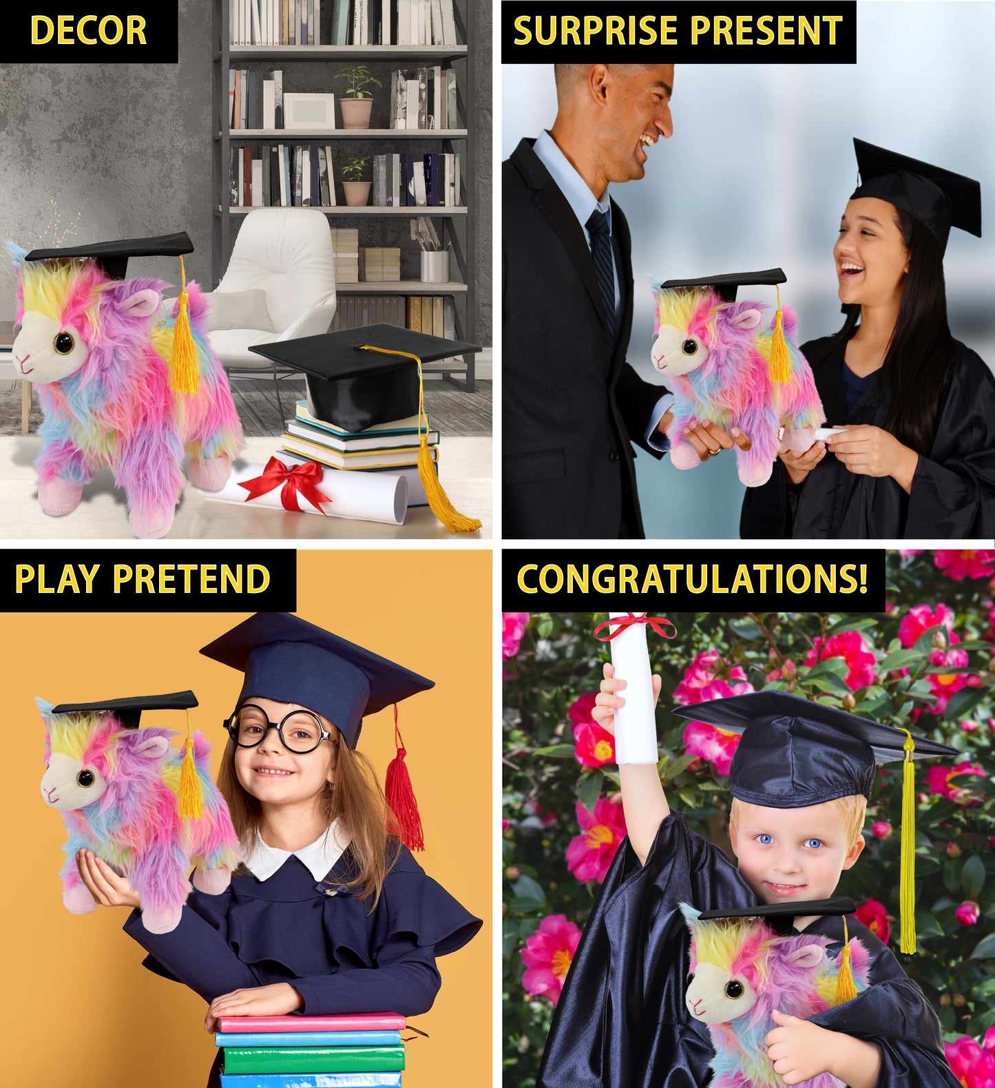 DolliBu Rainbow Llama Graduation Plush Toy with Cap with Tassel Outfit, 10 Inch