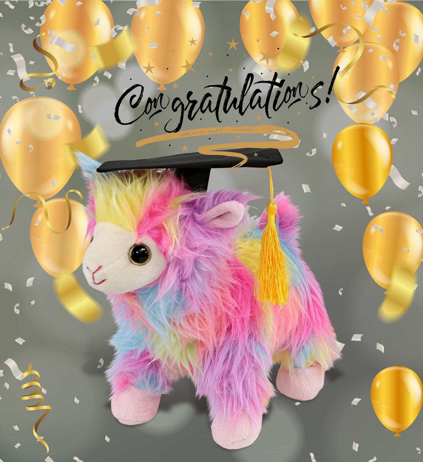 DolliBu Rainbow Llama Graduation Plush Toy with Cap with Tassel Outfit, 10 Inch