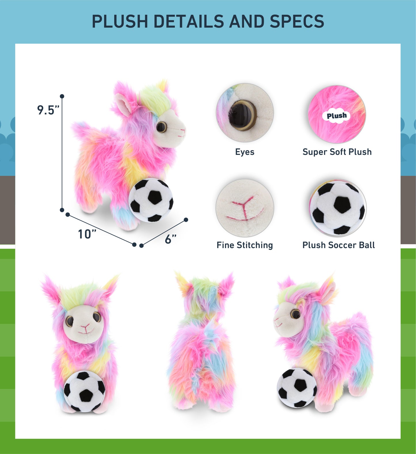 SUPER SOFT PLUSH - RAINBOW LLAMA WITH SOCCER PLUSH