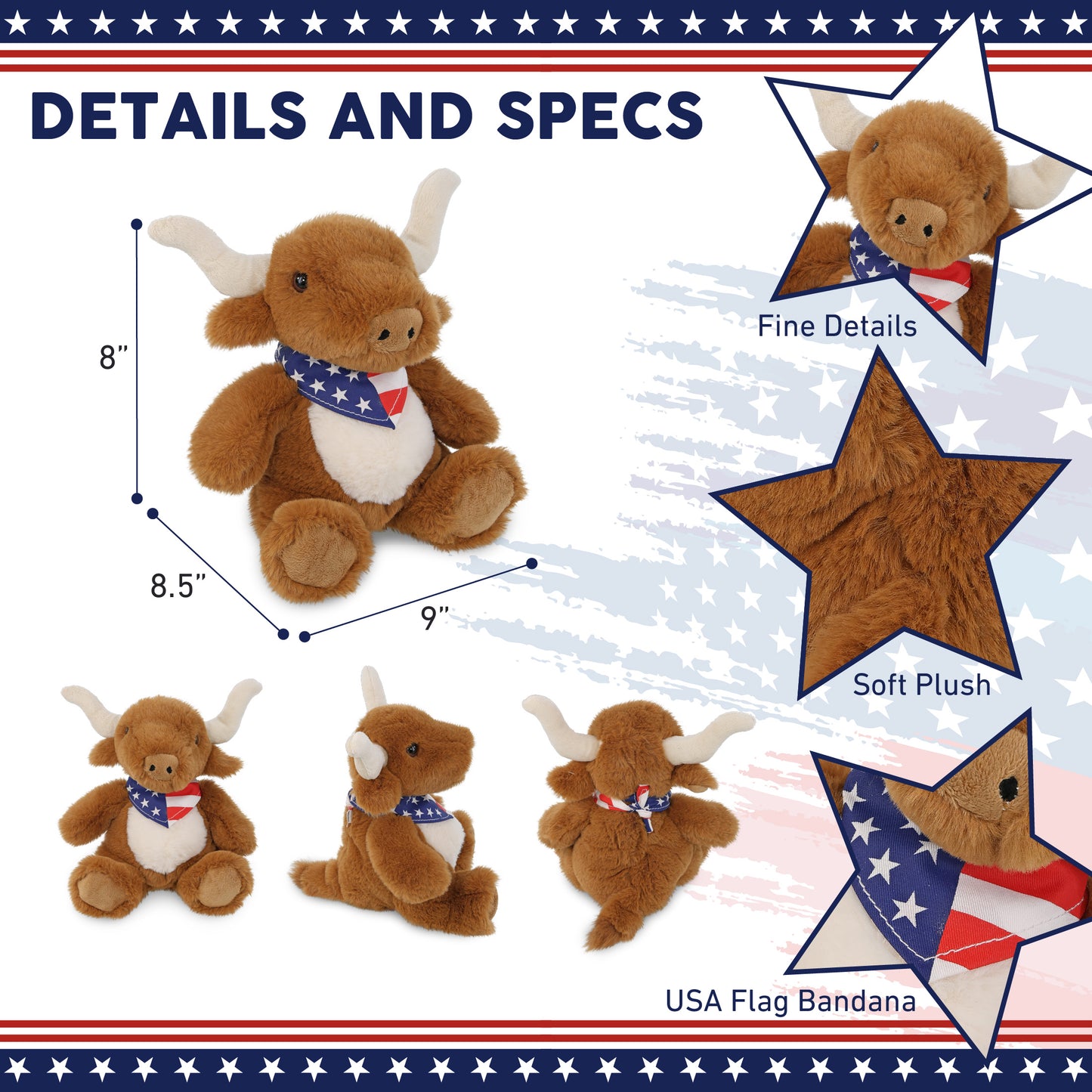 SUPER SOFT PLUSH - TEXAS LONGHORN WITH USA BANDANA