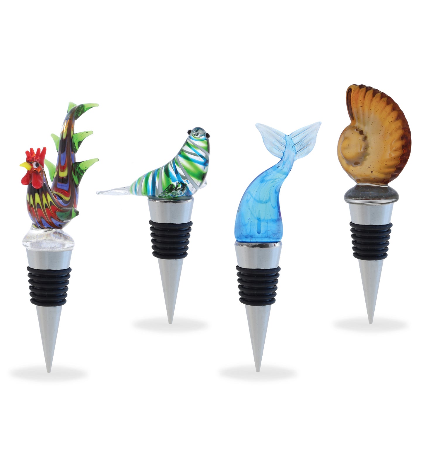 Wine Stopper - Rooster, Sea Shell, Mermaid Tail, Seal Glass - Set of 4
