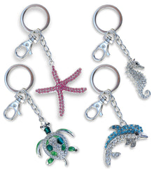 Sparkling Keychain -  Silver Blue Dolphin, Seahorse, Sea Turtle, and Starfish - Set of 4