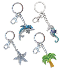 Sparkling Keychain -  Blue Dolphin,  Clear Starfish,  Blue Seahorse, and  Palm Tree - Set of 4