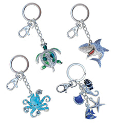 Sparkling Keychain -  Blue Octopus, Green Sea Turtle, Shark, Beach Shells - Set of 4
