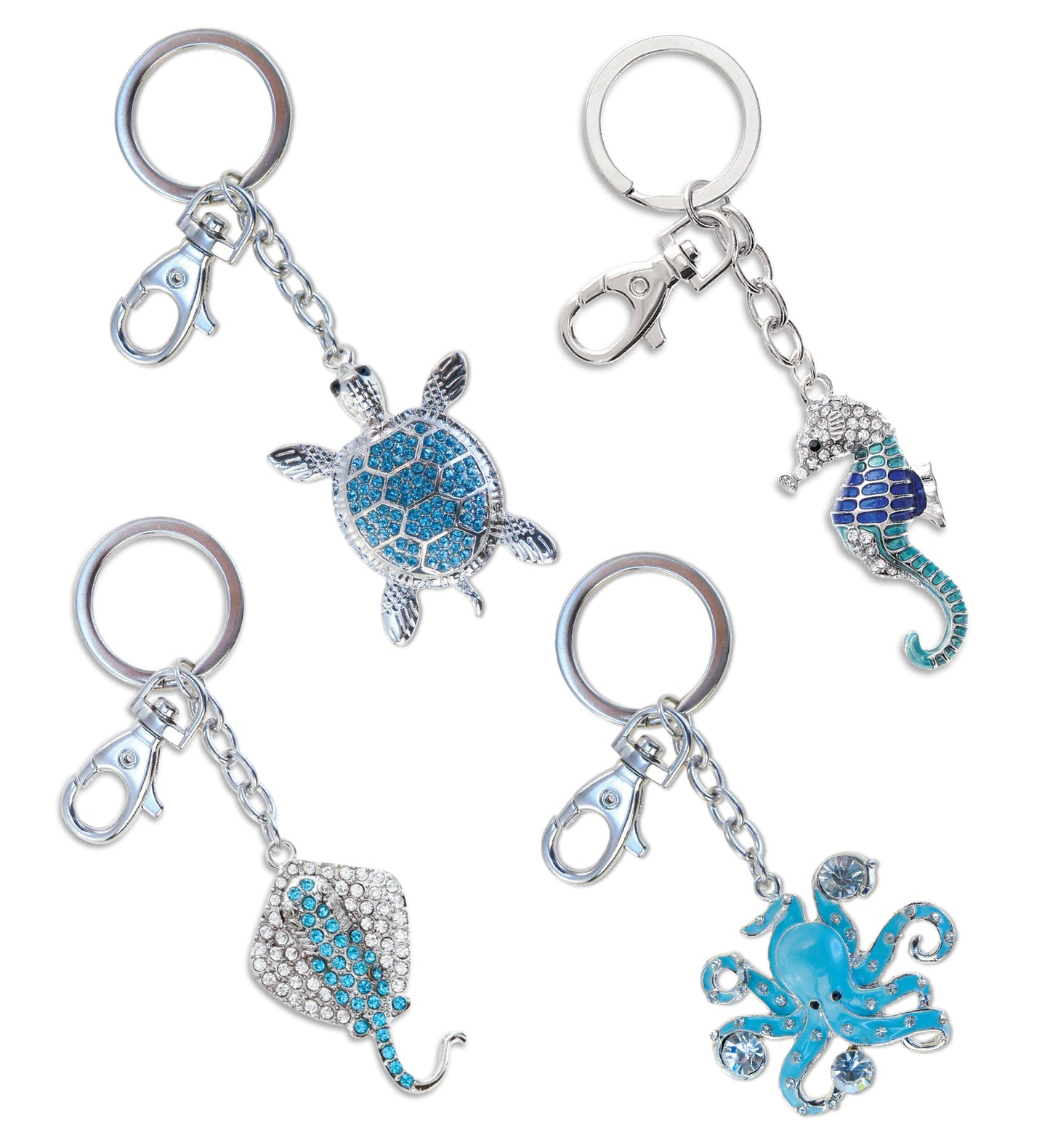Sparkling Keychain - Blue Octopus, Sea Turtle,  Seahorse, and  Stingray - Set of 4