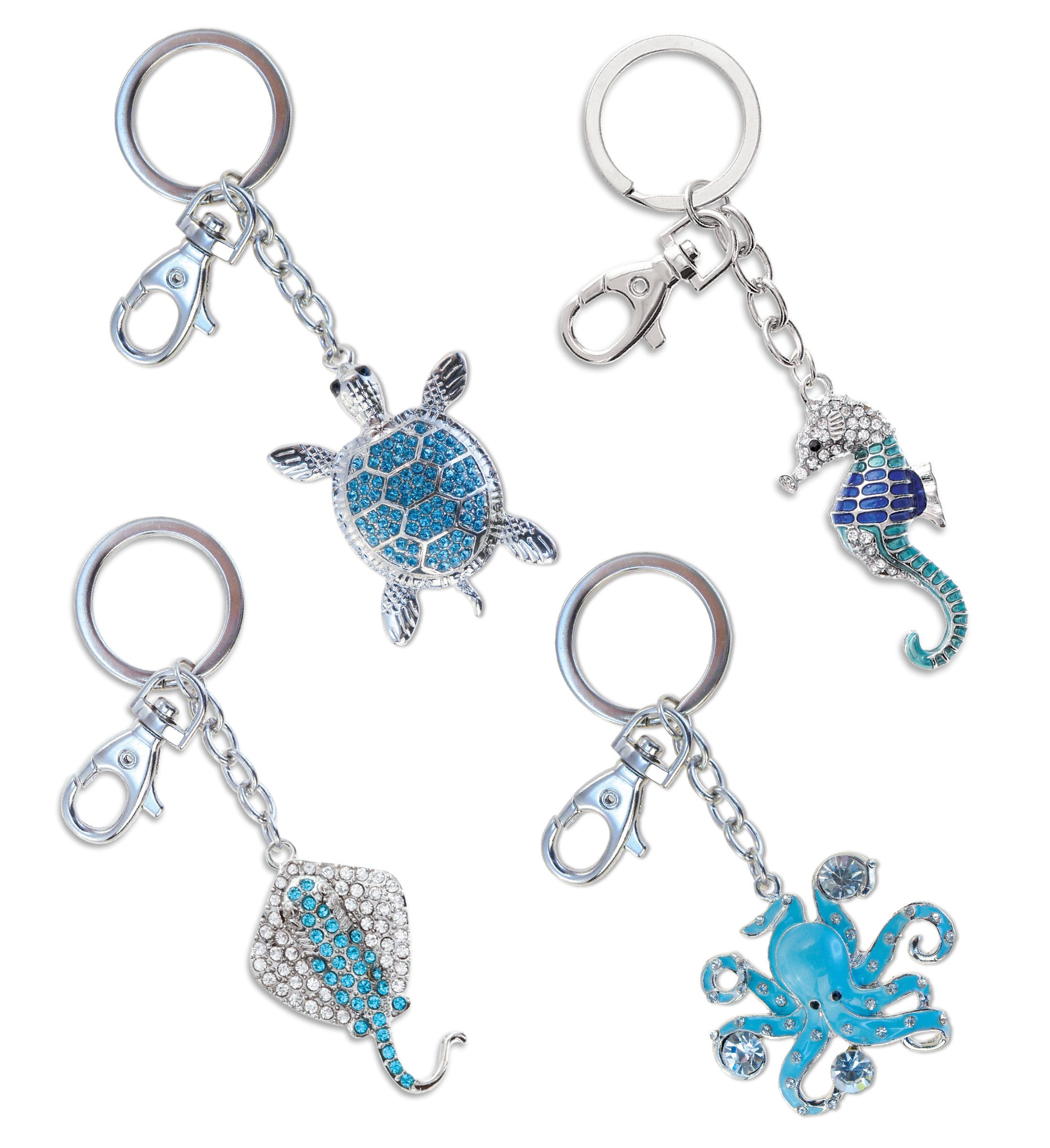 Sparkling Keychain - Blue Octopus, Sea Turtle,  Seahorse, and  Stingray - Set of 4