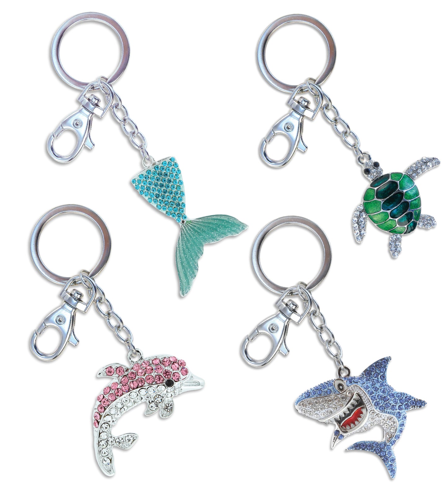 Sparkling Keychain -  Silver Sea Turtle, Shark,  Blue Mermaid Tail and Pink Dolphin - Set of 4