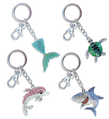 Sparkling Keychain -  Silver Sea Turtle, Shark,  Blue Mermaid Tail and Pink Dolphin - Set of 4