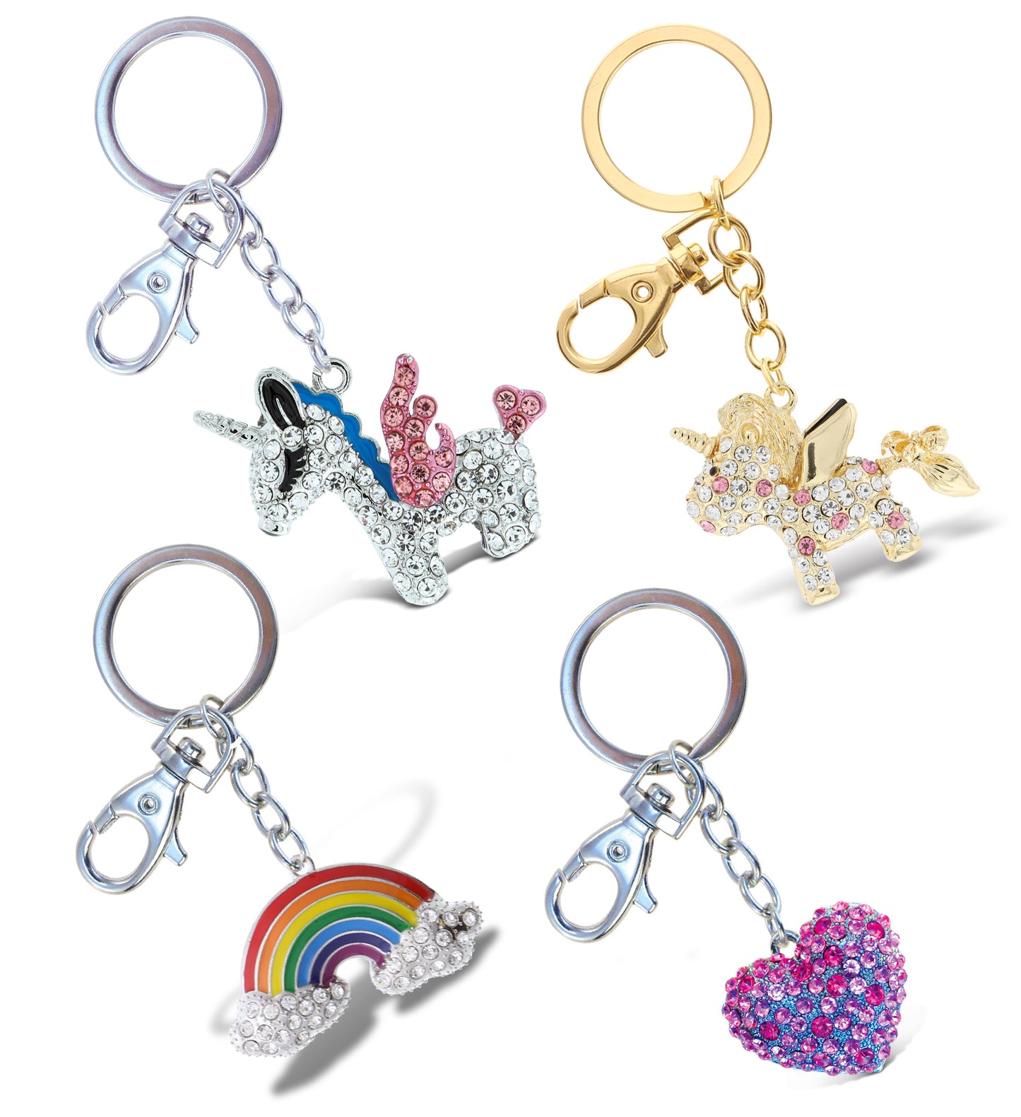 Sparkling Keychain - Rainbow Cloud,  Pink Heart,  Gold Unicorn, and Silver Unicorn - Set of 4