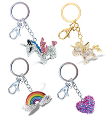 Sparkling Keychain - Rainbow Cloud,  Pink Heart,  Gold Unicorn, and Silver Unicorn - Set of 4