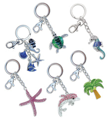 Sparkling Keychain -  Blue Seahorse, Green Sea Turtle,  Pink Starfish, Palm Tree, Beach Shells,  Pink Dolphin - Set of 6