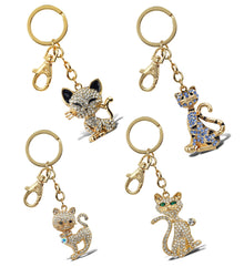 Keychains - Gold Happy Cat,  Elegant Cat, Blue Tiger Cat,  Stylish Cat Keychain Charm with crystals -Set of 4