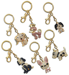 Keychains- Gold Purple Poodle, 2 Beagles, Basset Hound,  Bull Terrier, Chihuahua Dog Keychain Charm with crystals -Set of 6