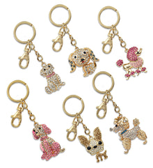 Keychains -Golden Pink Beagle, Bulldog,  Beagle,  Pink Poodle,  Poodle,  Chihuahua Dog Keychain Charm with crystals -Aet of 6