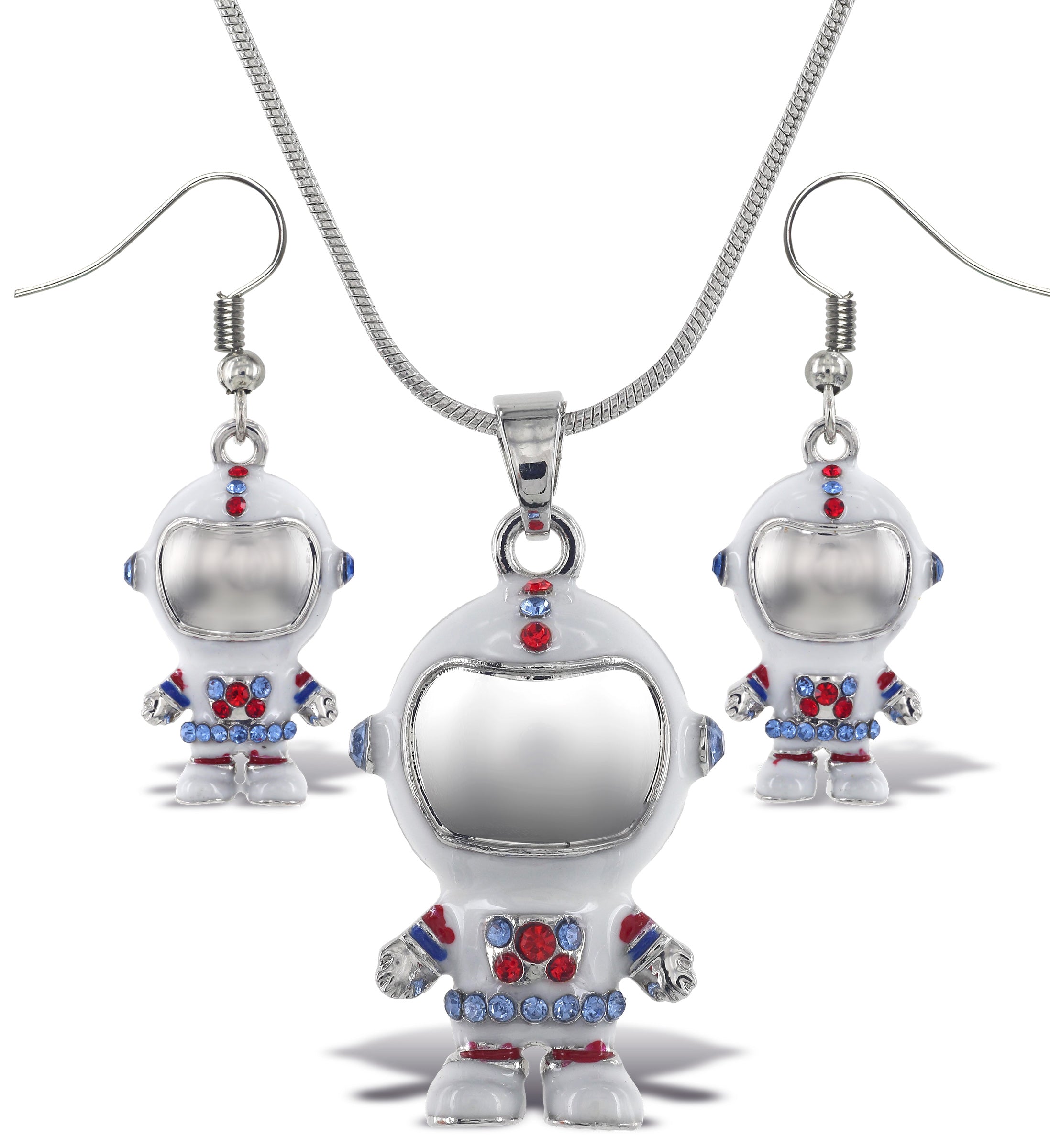 Earrings and Necklace - Sparkling Silver Astronaut Dangle Earrings and Necklace- Set of 2