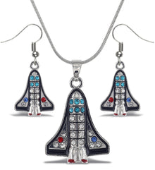 Earrings and Necklace - Sparkling Silver Space Shuttle Dangle Earrings and Necklace -Set of 2