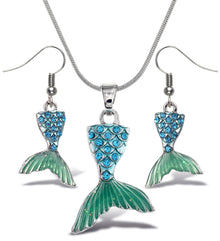 Earrings and Necklace - Sparkling Silver Mermaid Tail Dangle Earrings and Necklace -Set of 2