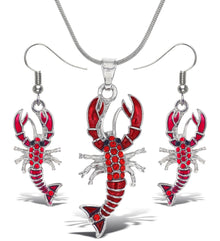 Earrings and Necklace - Sparkling Silver Red Lobster Dangle Earrings and Necklace -Set of 2