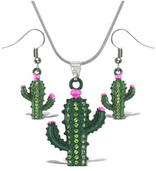 Earrings and Necklace -Sparkling Green Cactus Silver Dangle Earrings and Necklace -Set of 2
