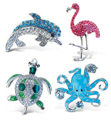 Refrigerator Magnet - - Silver Dolphin, Flamingo, Sea Turtle, Octopus Magnets - Set of 4