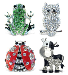 Refrigerator Magnet - Silver Frog, Owl, Ladybug, Cow -Set of 4