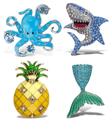 Refrigerator Magnet -  Silver Octopus, Shark, Pineapple,  Mermaid Tail -Set of 4