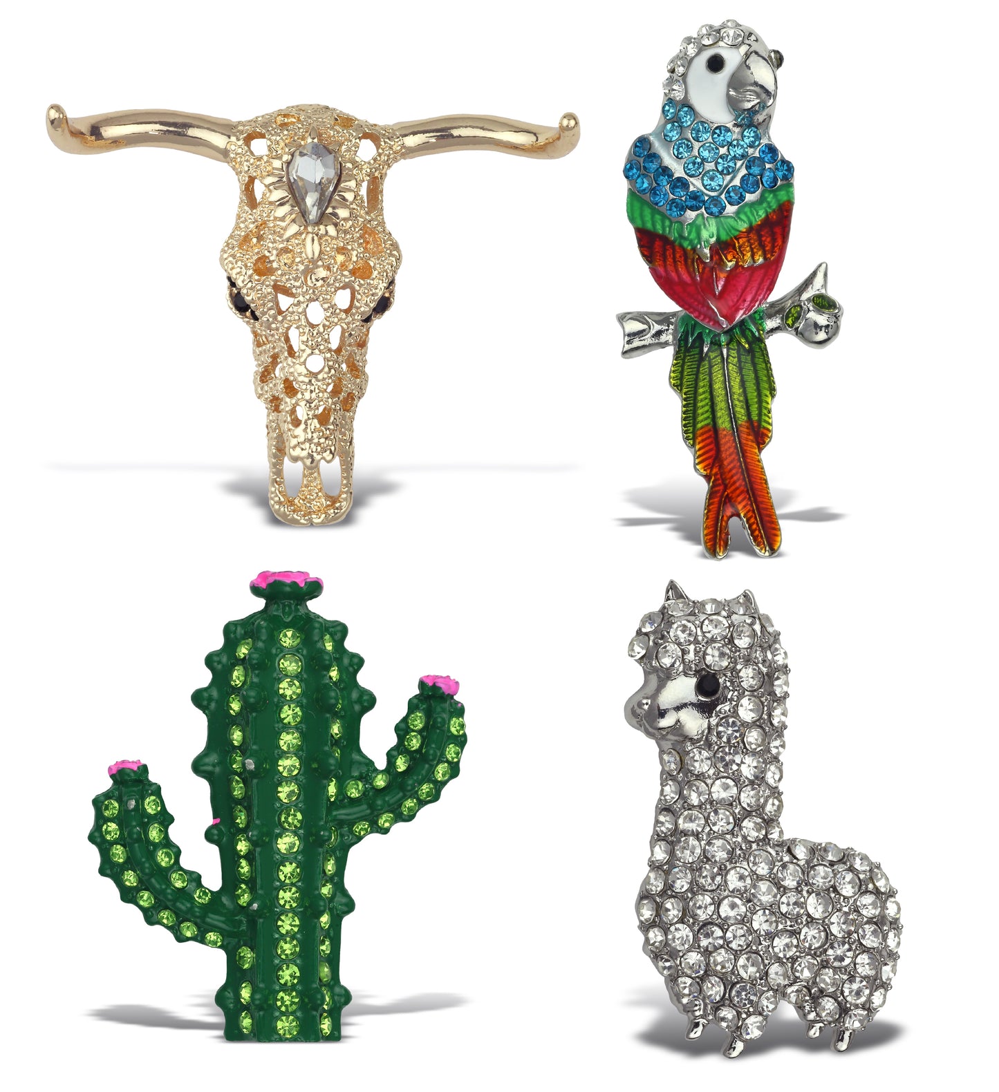 Refrigerator Magnet -  Gold Longhorn, Silver Parrot, Green Cactus, Silver Llama -Set of 4