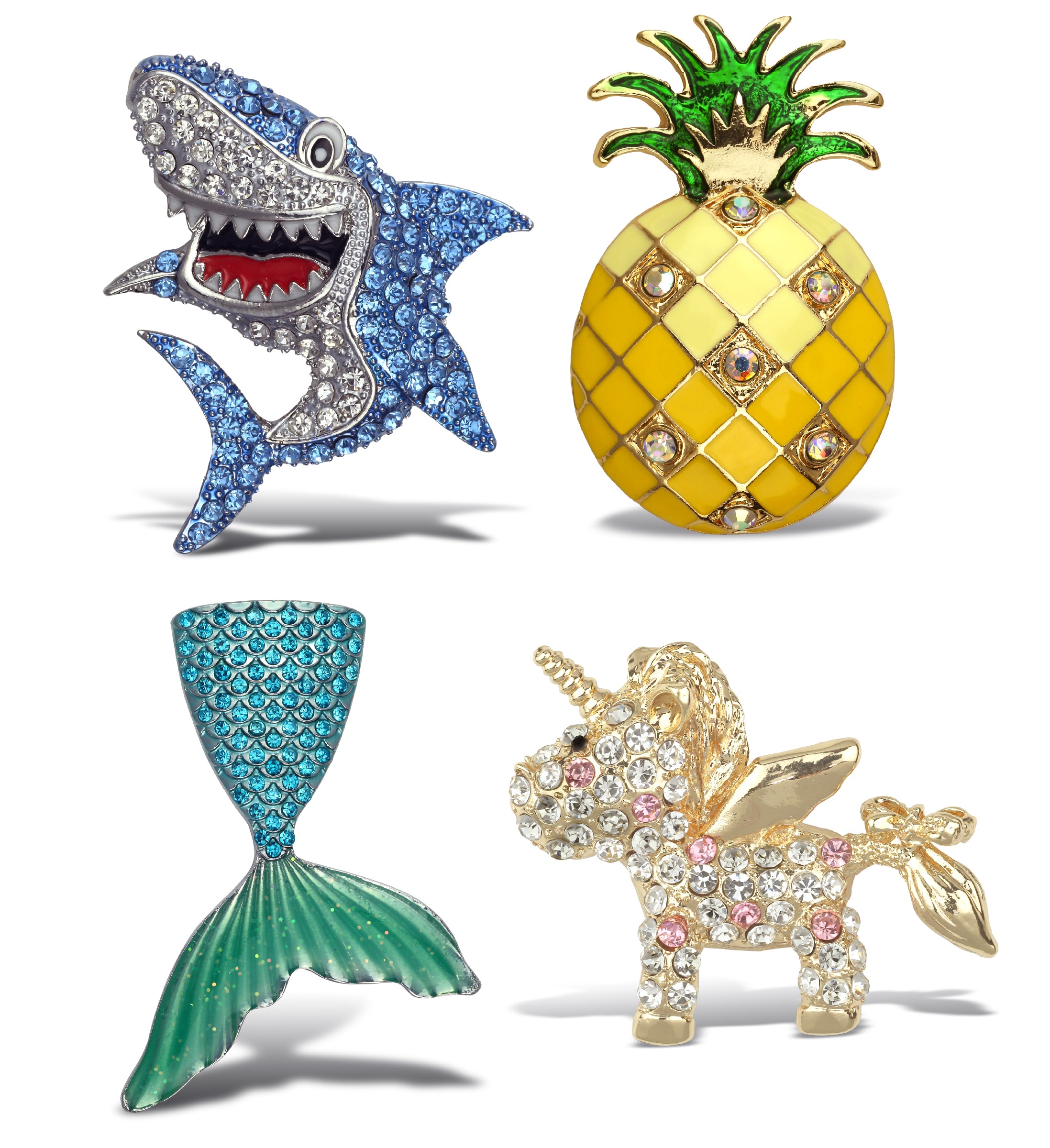 Refrigerator Magnet - Silver Shark, Gold Pineapple, Mermaid Tail, Gold Unicorn - Set of 4