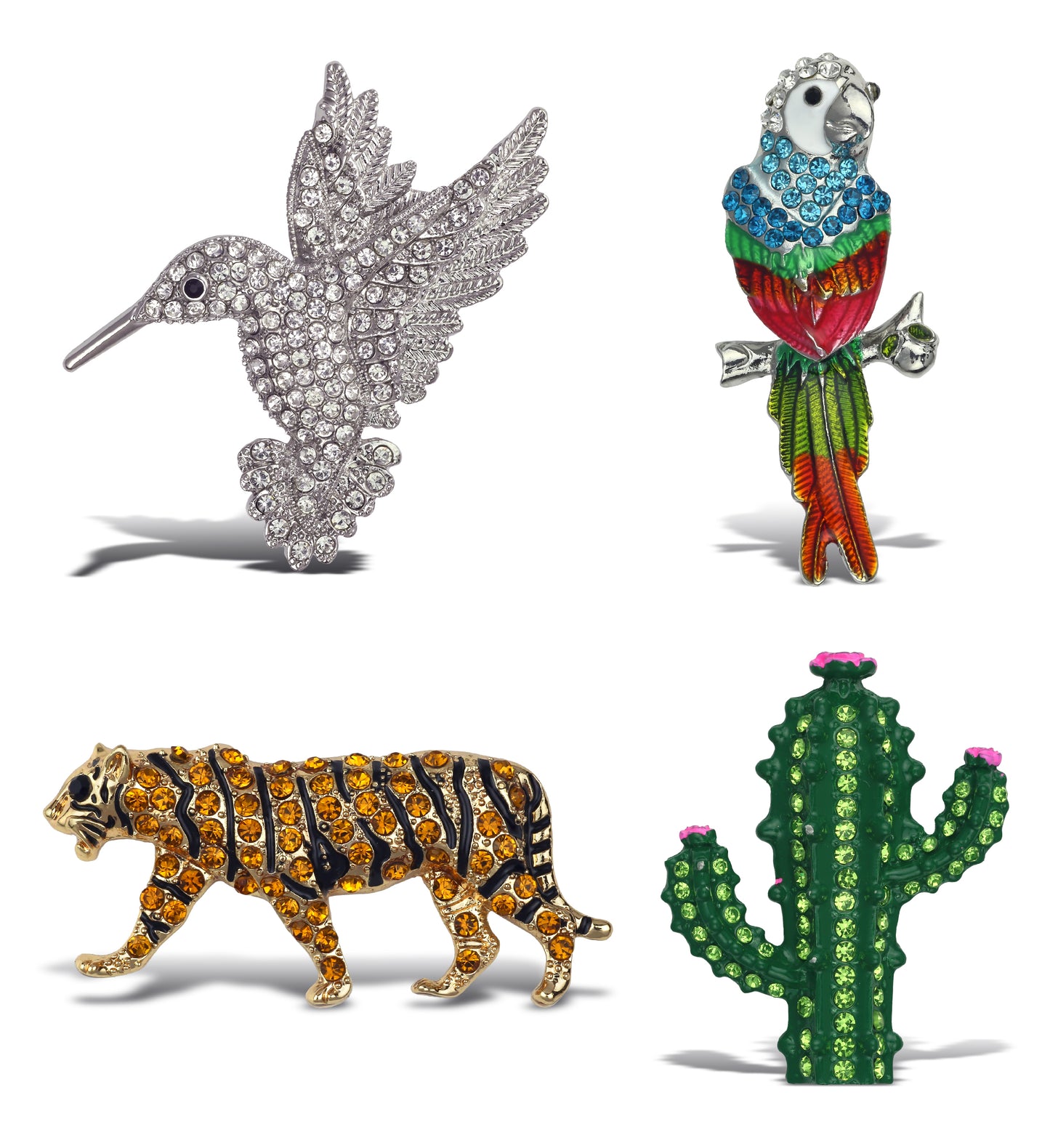 Refrigerator Magnet - Silver Hummingbird, Parrot, Gold Tiger, Green Cactus - Set of 4
