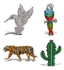 Refrigerator Magnet - Silver Hummingbird, Parrot, Gold Tiger, Green Cactus - Set of 4