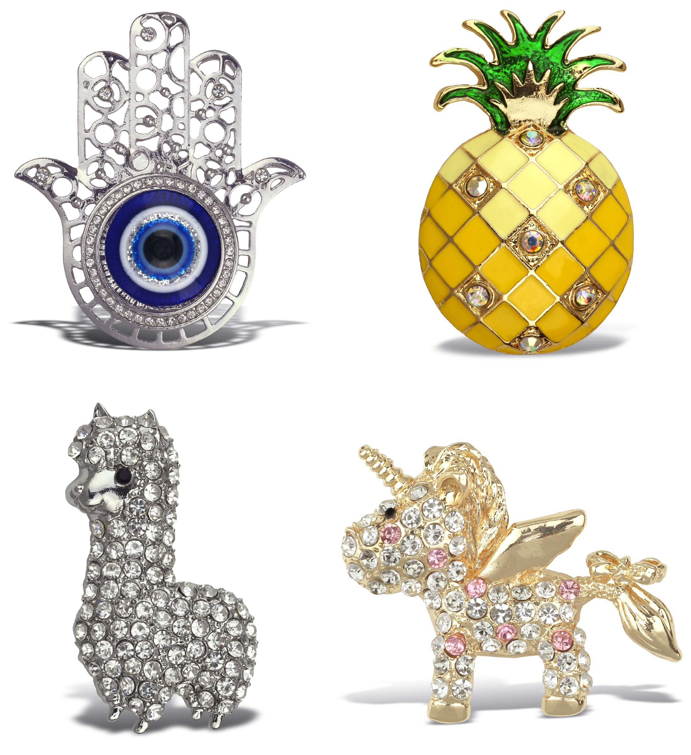 Refrigerator Magnet - Silver Evil Eye Hamsa, Gold Pineapple, Llama, Unicorn - Set of 4