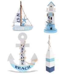 Wooden -Decorative Buoy,  Lighthouse, Sailboat,  Anchor - Set of 4