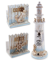 Wooden-  Handcrafted Wooden Coaster Set, Nautical Themed Napkin Holder with Boat Wheel, and Wooden Lighthouse -Set of 3