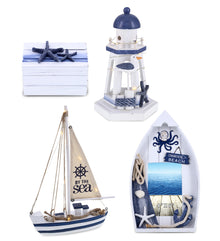 Nautical - Wooden Sea Boat , Octopus Photo Frame, Lighthouse Lantern Candle Holder with Light - Handmade, Colors Set of 4