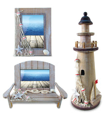 Nautical - Brown Distressed Wooden Photo Frame, Brown Wooden Lighthouse Decor, and Brown Sea Chair Beach Frame - Set of 3