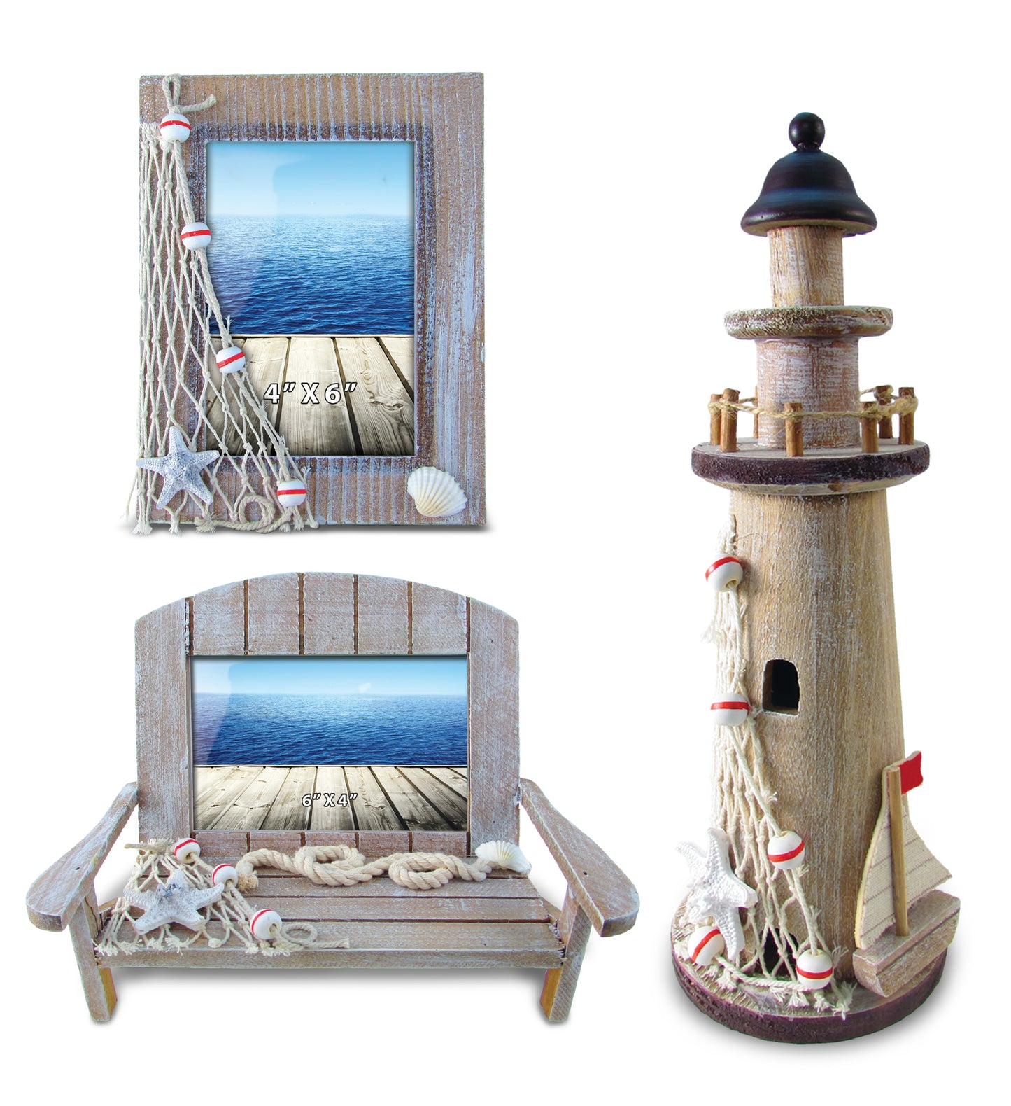 Nautical - Brown Distressed Wooden Photo Frame, Brown Wooden Lighthouse Decor, and Brown Sea Chair Beach Frame - Set of 3