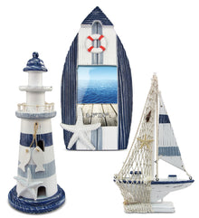 Nautical - Blue Stripes Boat Beach Frame, Wooden Lighthouse Decoration with Hanging Fish, and Model Sailboat Decor - Set of 3